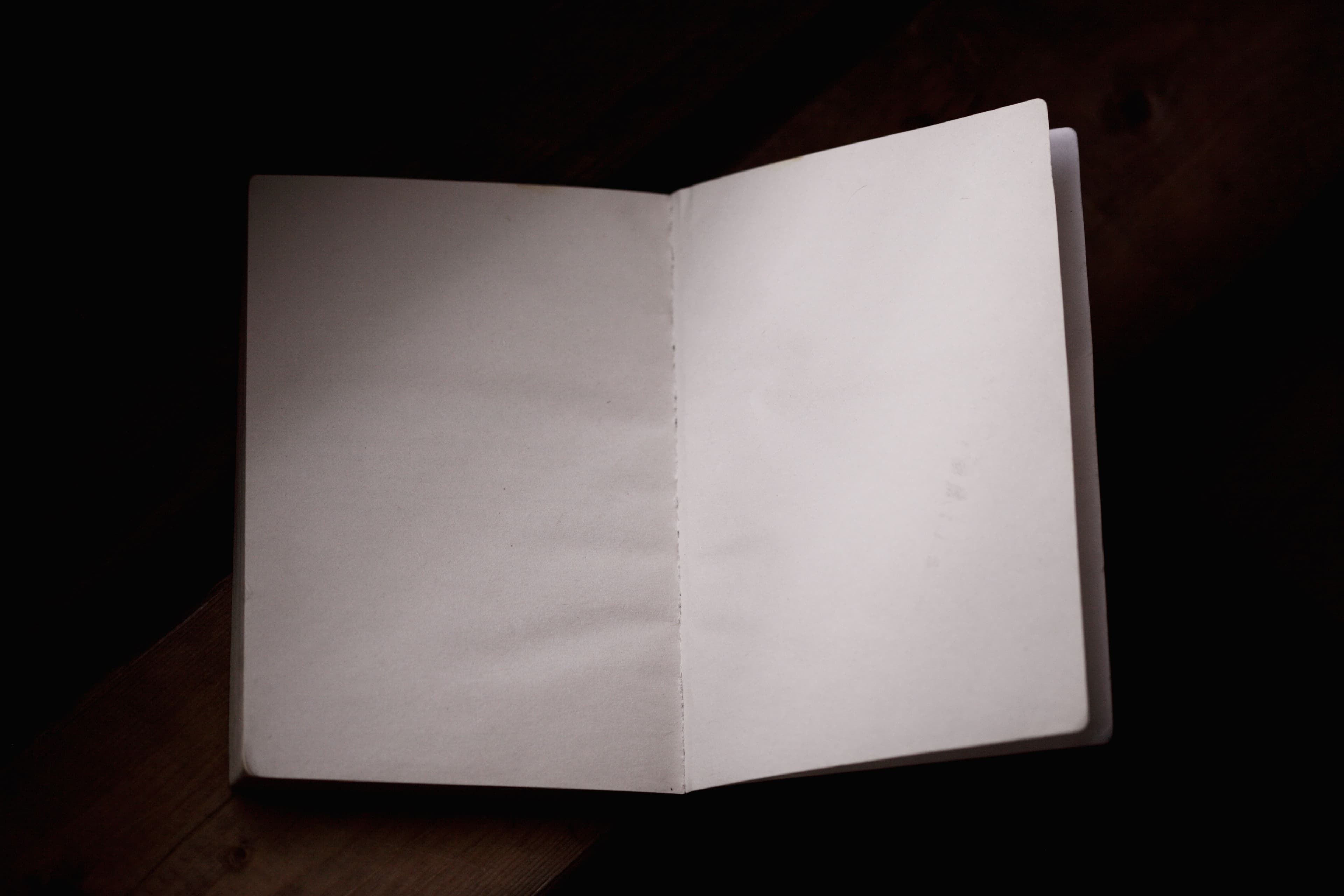 A minimalist scene with an open notebook on a wooden table, ideal for workspace themes.